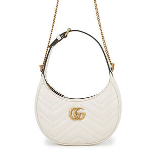 Gucci GG Marmont Half Moon Chevron Quilted Handbag Bag Hobo White